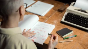 person marking up a paper draft beside a typewriter